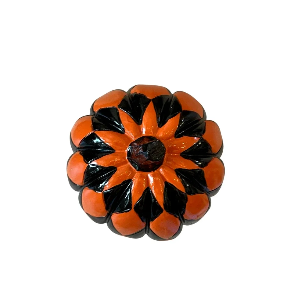 Black & Orange Checkered Pumpkin On Pedestal 13.5in Resin Halloween Decor NEW